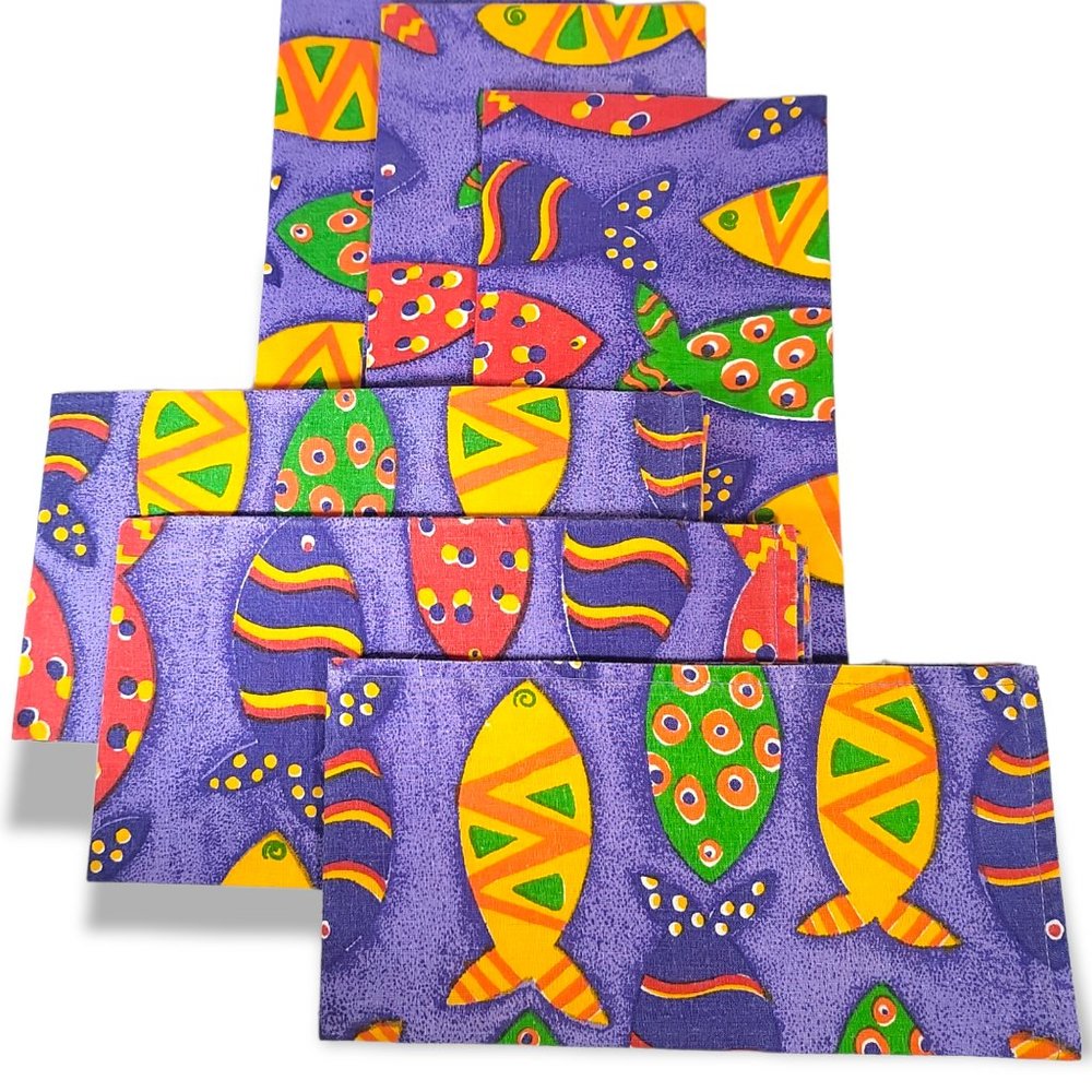 Dining Fun Bright x-LG Cloth Napkin Set (6) Purple Colors Fish 18 x 18